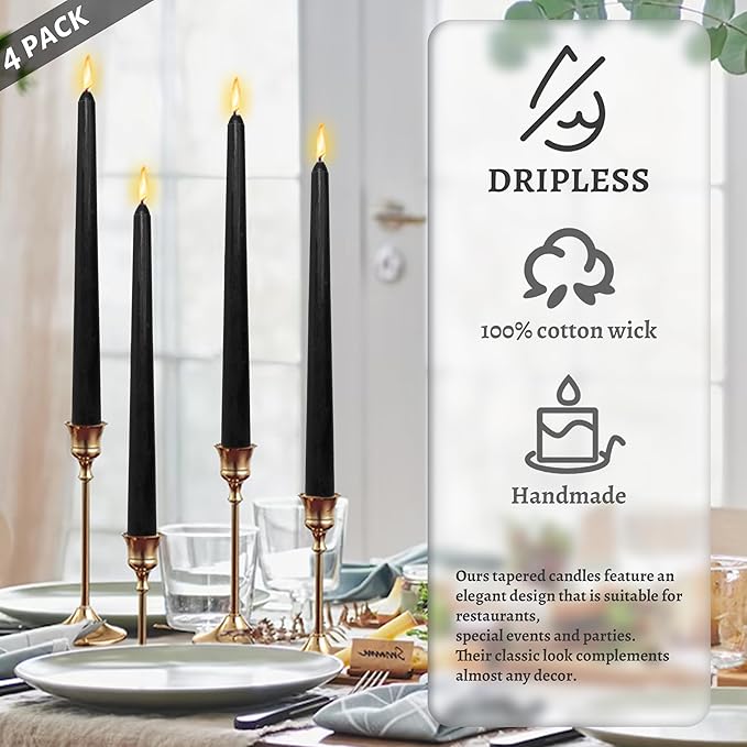 Dripless Unscented Black Taper Candles Smokeless Long Lasting Burn Elegant Tall 10 Inch Candlesticks for Home Décor Holiday Gift Dinner Party Formal Events
