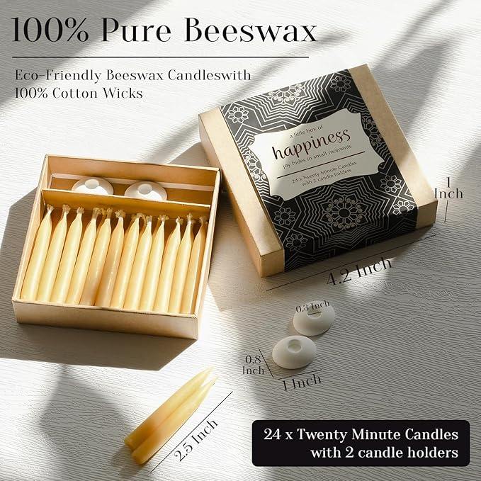 DEYBBY 20 Minute Beeswax Meditation Candles for Happiness - 24pcs Mini Beeswax Taper Candle Gift Set with 2 Small Candle Holders