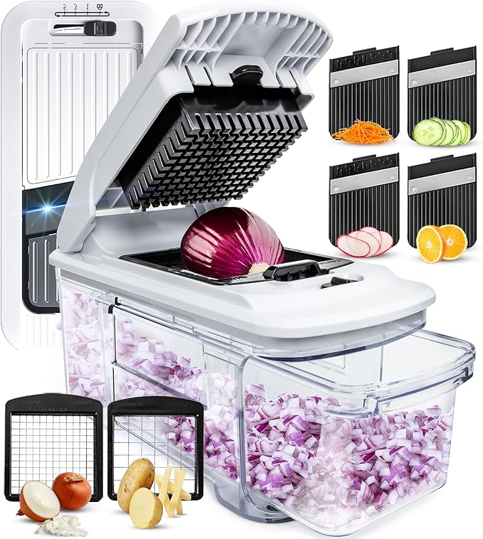 Fullstar Mandoline Slicer for Kitchen - Vegetable Chopper, Onion Potato Food Veggie Fruit Slicer and Cutter with Container, Kitchen Gadgets & Gifts, Home Essentials (4 in 1, Black/White)