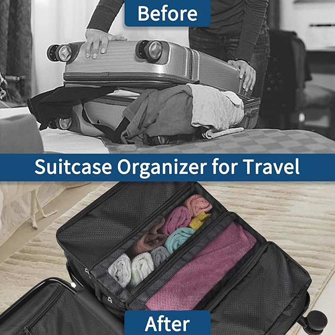 esouler Suitcase Organizer, Travel Luggage Organizer hanging packing cubes for travel，portable hanging travel shelves Collapsible closet organizer for Carry-on (Black, Medium)