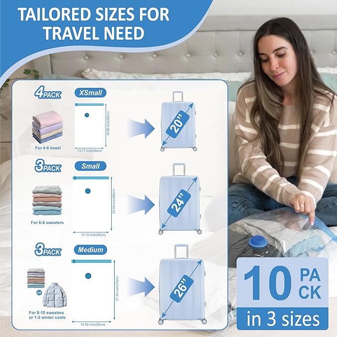 Cozy Essential Travel Vacuum Storage Bags with Rechargeable Cordless USB Pump, Space Saver Bags for Luggage, Suitcase, Carry-On, for Clothes, Blankets, Bedding & Seasonal Storage,10 Combo