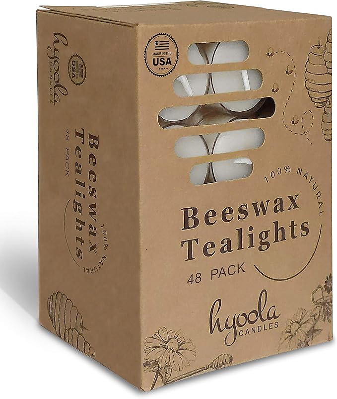 Hyoola Beeswax Tea Light Candles, Decorative Unscented Natural Tealight Candles for Home and Centerpieces, 4 Hour Burn Time - White (Pack of 48)