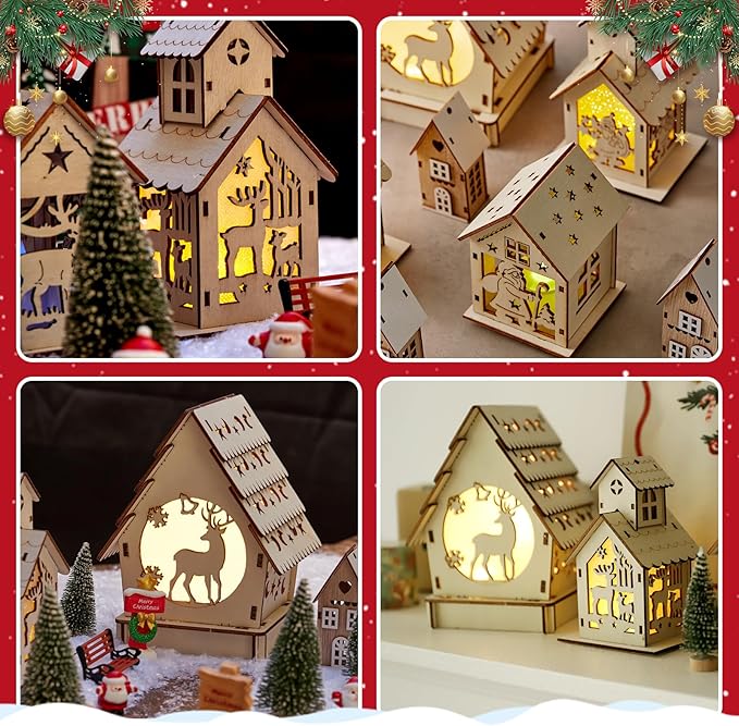29pcs Christmas Village Sets Lighted DIY Wooden Christmas Village Houses for Crafts Accessories Wood House to Paint with Xmas Miniatures Trees Winter Snow Xmas Display Ornaments Craft Gift