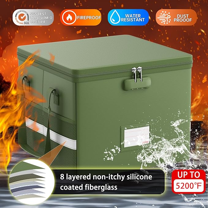 ENGPOW 5200°F File Box Fireproof Document Box with Lock,Heat Insulated Collapsible File Storage Organizer Box with Handle,Portable Home Office File Cabinet for Hanging Letter/Legal Size Folder, Green