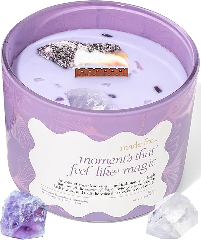 Purple Crystal Candle for Women – 12oz Large Luxury Soy Wax with Crackling Wood Wick, Slow Burn Meditation with Healing Crystals, Birthday or Mother’s Day Gift