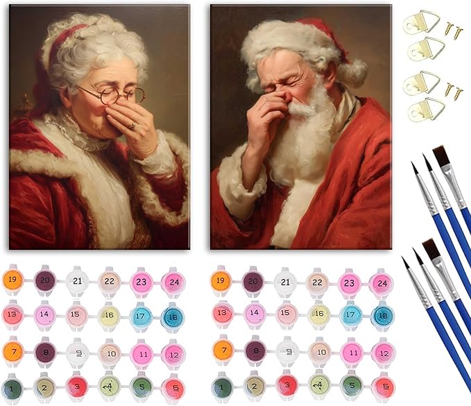 Paint by Number Kit for Adults & Kids, 2 Pack Christmas Mr. and Mrs. Santa Sneezing Scenes 16x20 Inch Unframed, DIY Acrylic Painting Kit with Brushes & Paints, Festive Humorous Home Art Decor