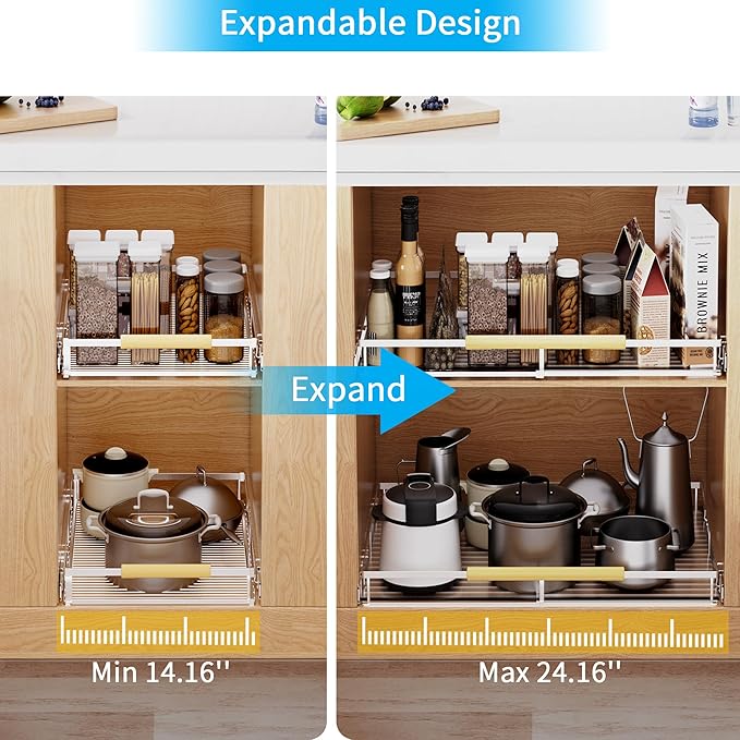 Expandable Pull Out Drawer Cabinet Organizer, Adjustable Width Bottom-Mounted Slide Out Storage Shelves for Cabinets, Required Cabinet Size (14.16"~24.36", D≥17.3"), 2 Pack