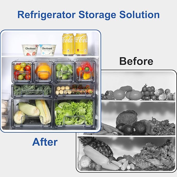 Pull Out Clear Fridge Organizer Drawers with Drainer, Refrigerator Stackable Storage Bins for Kitchen Fruit & Veggie Organization (2PCS, Small)