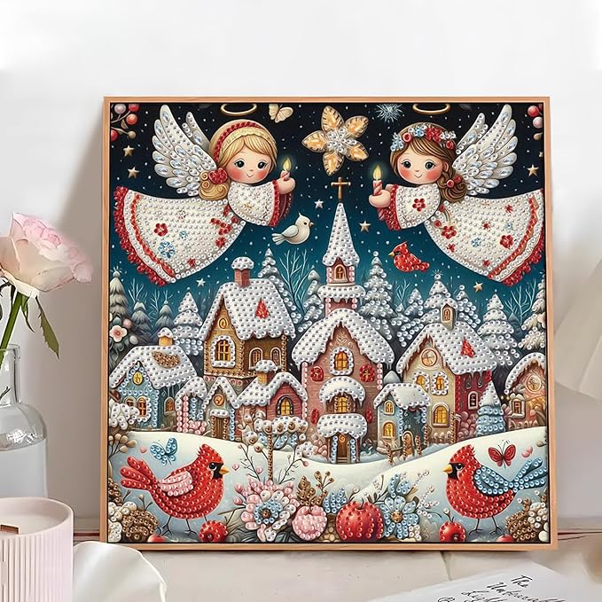 antor Diamond Painting Christmas Angels Protecting Snow Village with Red Robins, 5D DIY Special Shaped Diamond Art Kit for Adults, Crystal Rhinestones Diamond Painting, Holiday Winter Home Wall Decor