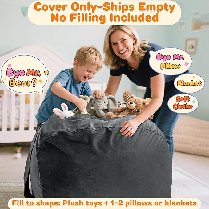 Lukeight Stuffed Animals Storage Bean Bag Chair Cover Only (Ships Empty, No Filling) - Velvet YKK Zipper Beanbag Cover for Toddlers and Kids, Washable Plush Toy Organizer, Large 27" D x 16" H