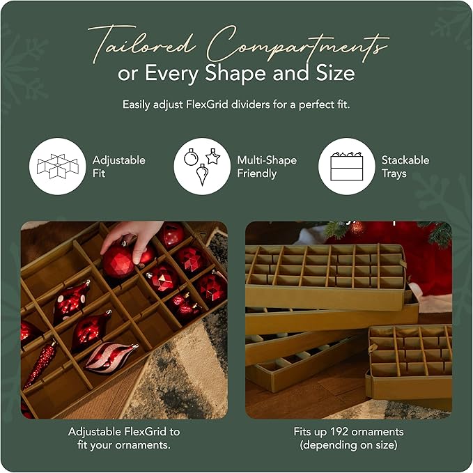 Covermates Keepsakes Adjustable Ornament Storage Bag – Heavy-Duty Polyester, Padded Dividers & FlexGrid Trays – Protective Holiday Ornament Organizer with Handles & Label Window, Red Snowflake
