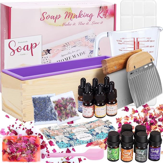 SOLIGT DIY Soap Making Kit, Soap Making Supplies with 3.3 lbs Soap Base, Glass Measuring Cup, Liquid Dyes, Wavy Straight Scraper, Silicone Stirring Stick