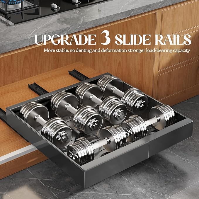 4 Pack Expandable Pull Out Cabinet Organizer 21"Deep With Raising Pad for Framed Cabinets,Upgrade 3 Slide Rails Slide Out Drawers,No Drill Roll Out Shelves,Adjustable Width 12.1"-20.4" Black