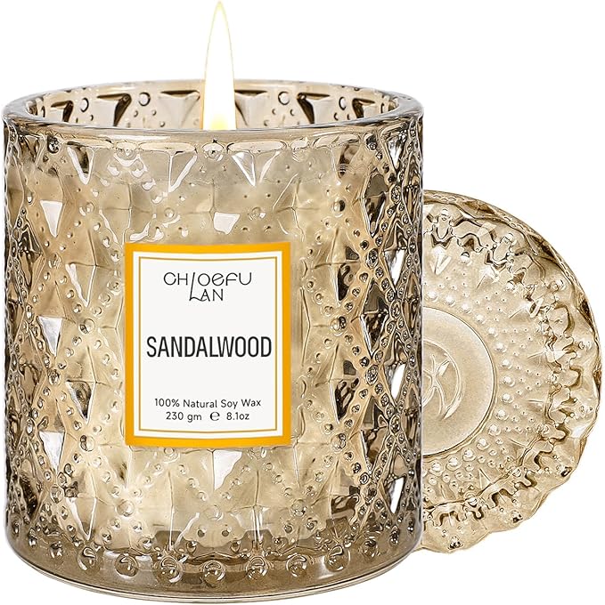 Chloefu LAN Sandalwood Candle, Dad Gifts Candle, Natural Soy Scented Candles for Stress Relief, 55 Hours Lasting Burning, Great Gift for Women & Men