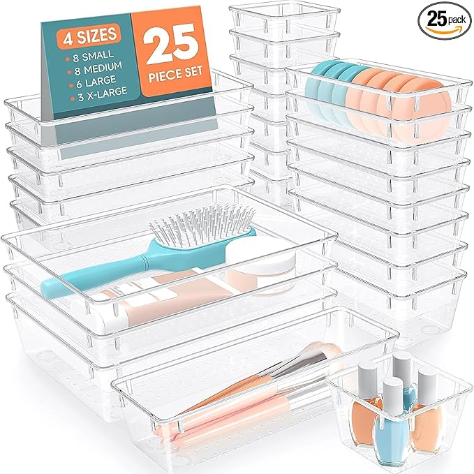 SpaceHacks 25 PCS Plastic Drawer Organizer Set, 4-Size Versatile Organizer Trays & storage Bins for Makeup, Jewelry, and Gadgets in Bathroom, Bedroom and Office,Clear White