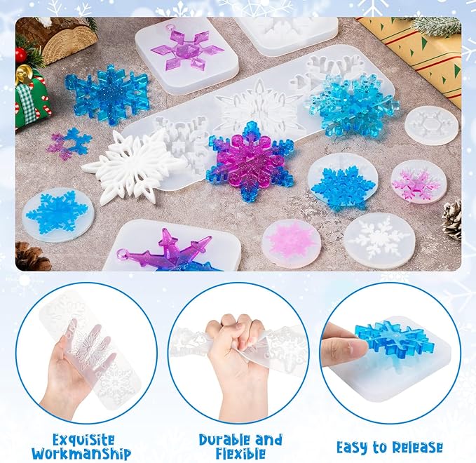LSLYHTC 13Pcs Snowflake Silicone Resin Mold, Christmas Ornament Molds with 3 Straws, Epoxy Resin Mold SnowflakeResinMolds for Ornament, DIY Christmas Gift and Jewelry Pendant Decoration
