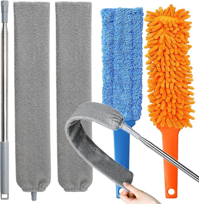 Gap Cleaning Feather Duster - 1 Pack 100 inch Telescoping Gap Dust and 2 Pack 15 inch Gap Cleaning Hand Dusters, Microfiber Feather Duster for House Hold