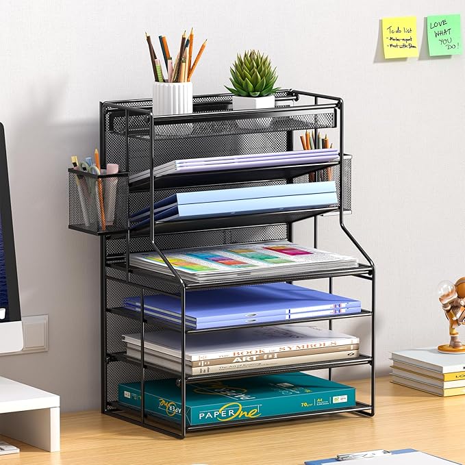 7 Tier Desk File Organizer – Vertical File Organizer for Desk with Removable Pen Holder & Adjustable Pull-out Drawer – Metal Document Organizer for Office, Simple Trending Design – Black