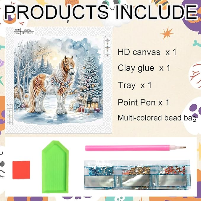 antor Christmas Diamond Painting Kit, 5D Special Shape Diamond Art for Adults, Decorated Horse in Snow Scene DIY Crystal Rhinestones Diamond Painting, Holiday Wall Decor, Winter Home Decoration