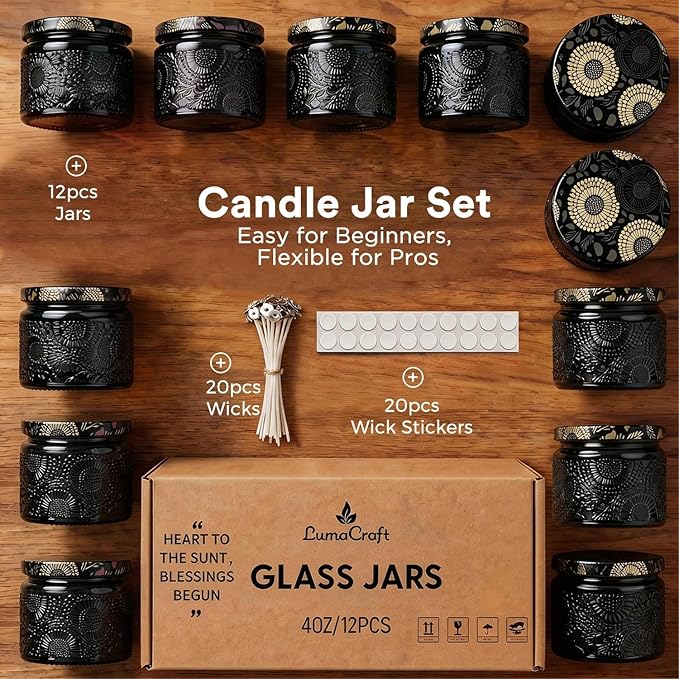 LumaCraft Luxury Embossed Glass Candle Jars for Making Candles - 12 Pack Empty Candle Containers with Airtight Metal Lids, 20 Wicks & 20 Stickers, Colored Glass Jars for Gifts & Decor-4OZ