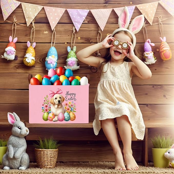 Large Cute Easter Basket for Kid Empty Gift Baby Rectangle Storage Bin Bunny Eggs Boy＆Girl Room Décor (Pink Dog)