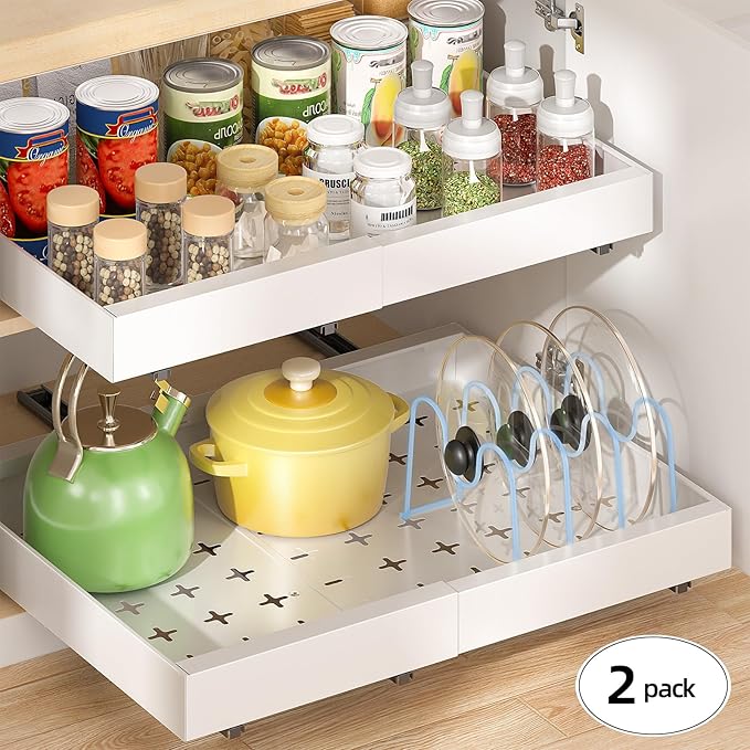 Delamu 16" Deep Pull Out Cabinet Organizer with 6 Dividers, Expandable (11.7 "-20" W) Pull Out Drawers for Cabinets, Cabinet Trays Pull Out for Cabinets in Kitchen, Pantry or Bathroom, White, 2 Pack