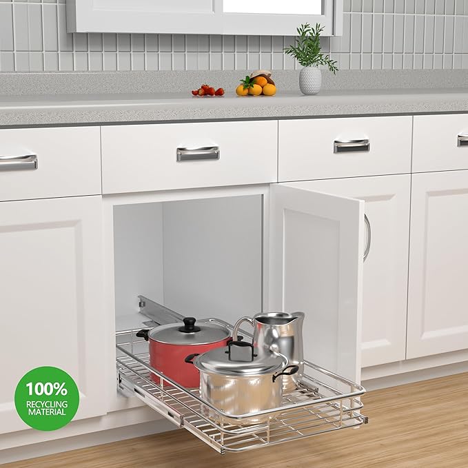 JOWBOOW Cabinet Pull Out Shelves (17" W x 21" D), Heavy-Duty Premium Collection Slide Out Shelves, Metal Roll Out Shelves for Kitchen Cabinets, Anti-Rust Chrome Finish