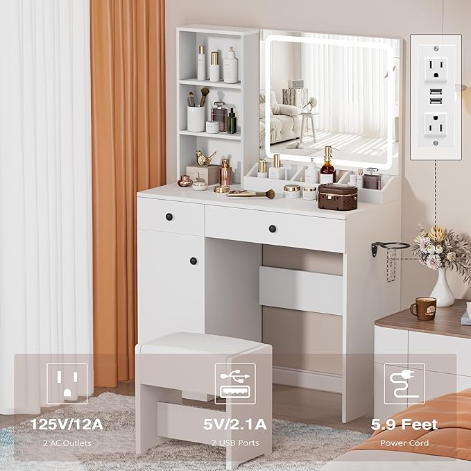 YIKEHOME White Makeup Vanity Desk with Mirror and Lights, Makeup Table with 2 Large Drawers, 3 Color Modes Adjustable Bulb, Power Outlet and Round Holder, Dressing Table for Women Girls Bedroom
