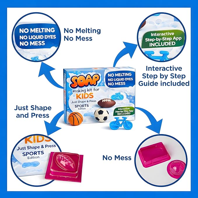 Soap Making Kit for Kids – DIY Soap Making Kit with Sports Shaped Soap Moulds (Basketball, Football, Soccer & Bicycle) Soap Making Supplies that Promote Hygiene DIY Kits for Kids Mobile App Included