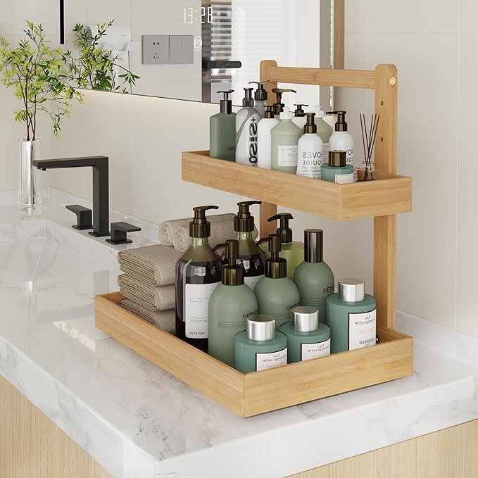 Bamboo Under Sink Organizer and Storage, 2 Tier Pull Out Cabinet Organizer, Slide Out Under Sink Storage Shelf, Undersink Organizers Shelves for Kitchen Bathroom Organization (Nature, 2 Packs)