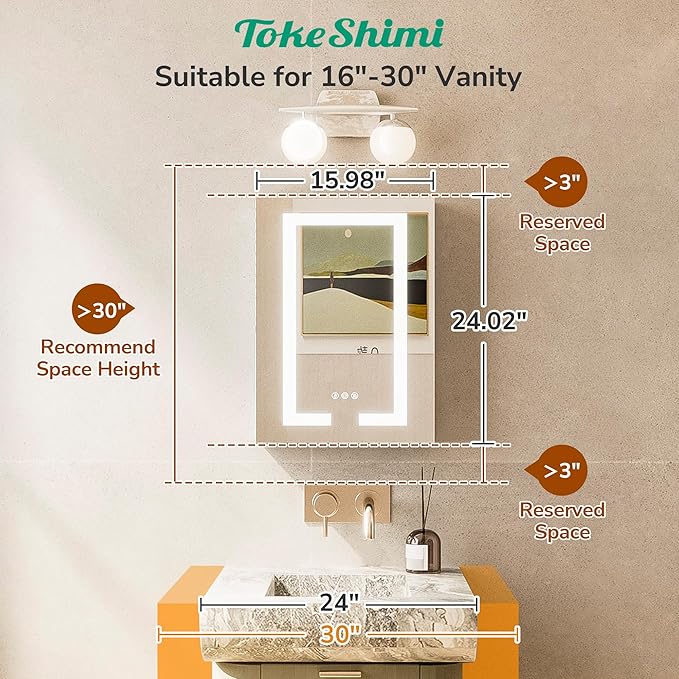 TokeShimi 16x24 Surface Mount or Recessed Medicine Cabinet with Lights 3 Colors Dimmable, Led Medicine Cabinet Mirror with Outlet and Defogger,2-Side Front Lit Bathroom Mirror with Storage