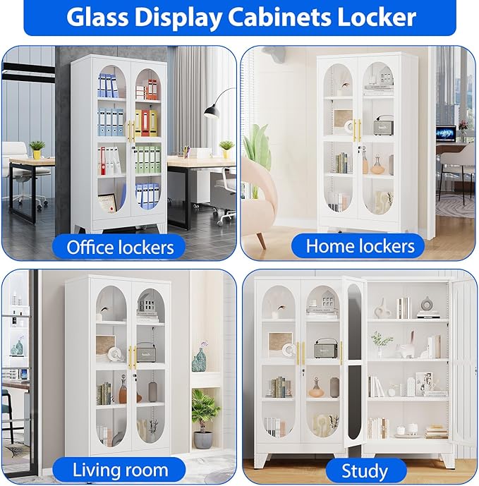 Ckzbx Glass Locker Metal Cabinets 61" H Locking Tool File Cabinets Snack Locker Organizer for School Classroom,Bedroom,Gym Home Office,Entryway and Hallwa (White)