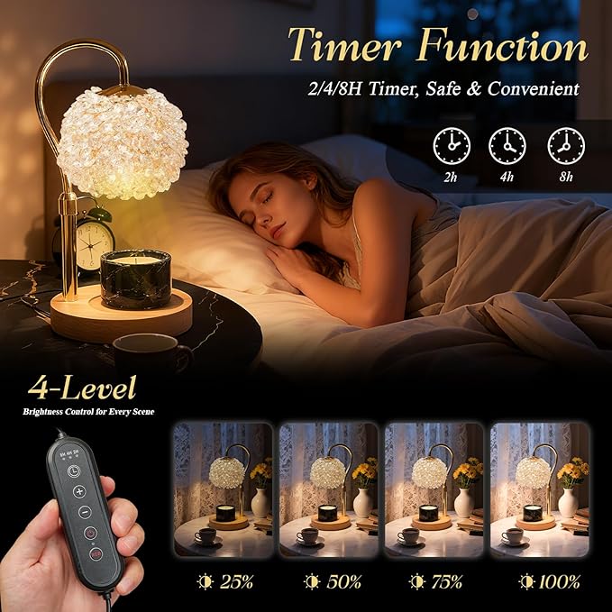Luxury Candle Warmer Lamp with Timer & Dimmable Brightness, Crystal Gemstone Shade & Premium Base - Adjustable Wax Melt Warmer for Home Decor