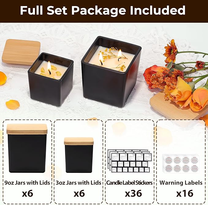 CONNOO 12 Pack 9oz, 3oz Matte Black Square Candle Jars for Making Candles, Thick Glass Bulk Empty Candle Containers with Airtight Bamboo Lids for Candle Making, Sticky Warning Labels - Dishwasher Safe