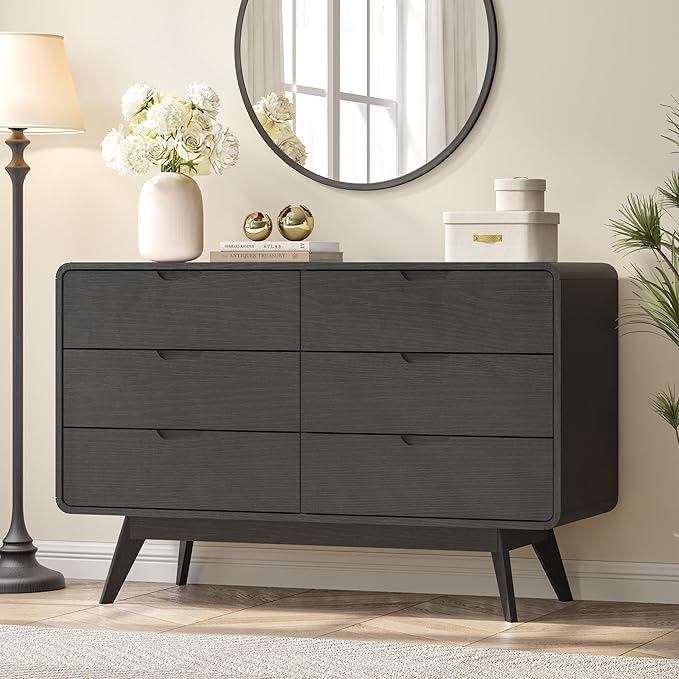 Black Modern 6-Drawer Dresser & TV Stand, 47" Wide Storage Cabinet with Unique Wooden Handles, Mid-Century Style Chest of Drawers for Bedroom, Living Room, Hallway