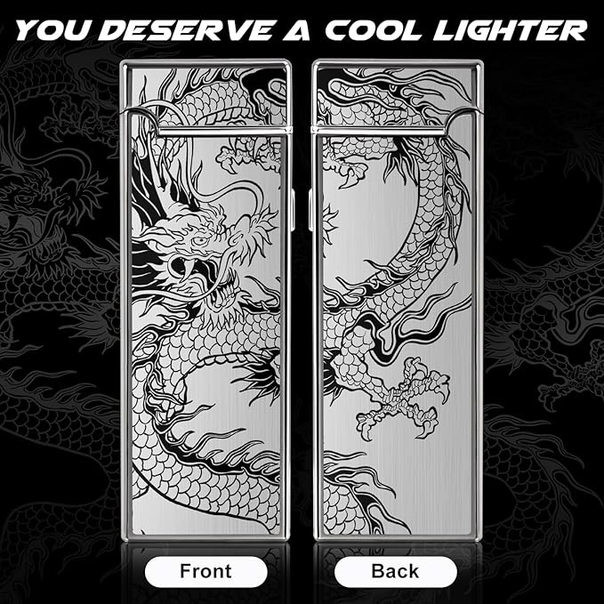 LcFun Electric Lighter USB Rechargeable Windproof Plasma Dual Arc Lighter, Flameless Cool Dragon Pocket Lighters for Camping, Small Valentines Birthday Gifts for Men Husband Father (Black Dragon)
