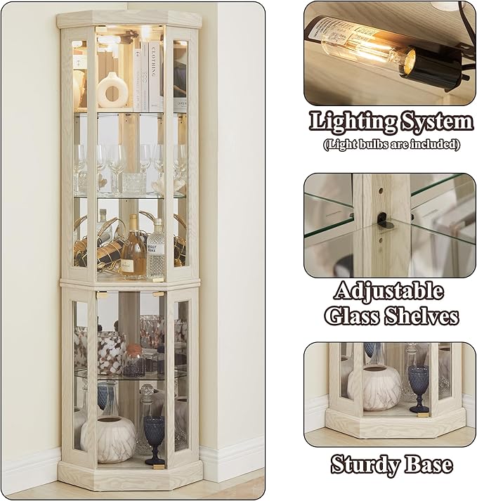69" H Lighted Curio Cabinet Corner Display Case,Corner Glass Cabinet with Tempered Glass Door and Adjustable Shelves,Wooden Curio Case with Mirrored Back Pane (Style 2 - Antique White)
