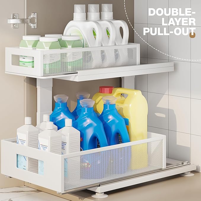 2 Pack Under Sink Organizer with Next-Gen Ball-Bearing Slides,2-Tier Pull Out Cabinet Storage,Height Adjustable Drawer Shelf for Bathroom,Kitchen,Laundry,Cabinet,Pantry(Patent Pending)