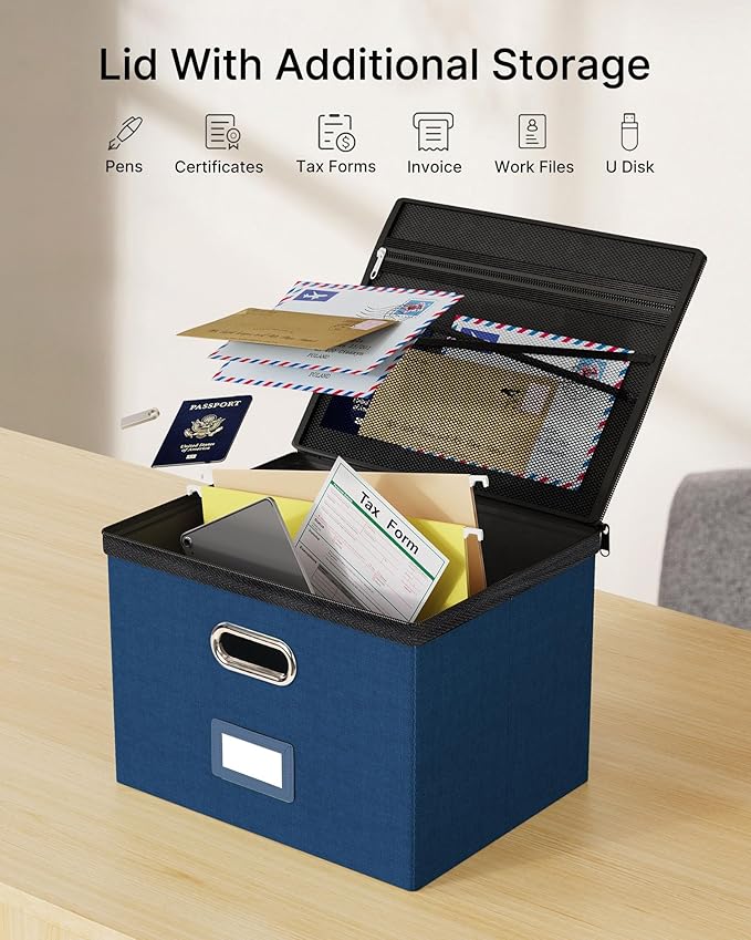 Oterri File Organizer Boxes with Lids, File Box with Mesh Pockets, Document Organizer Box for Letter Size Folders, Zippers Important Document Organizer (Dark Blue, Large-1 Pack Without Folders)
