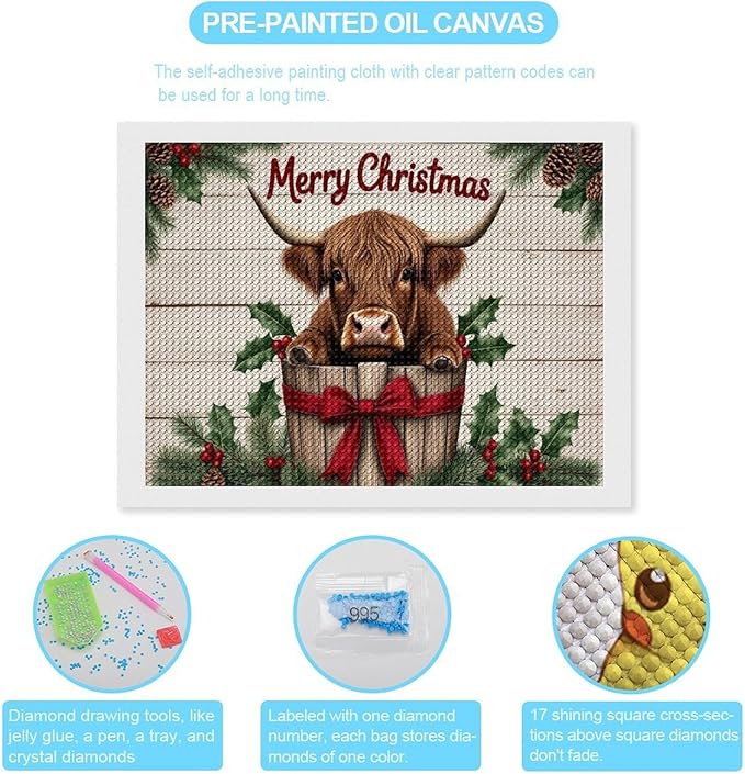 AIVKIEJK Diamond Painting Kits for Adults - Highland Cow Merry Christmas Painting DIY 5D Full Drill Diamond Dots Paintings with Diamonds Gem Art and Crafts Home Decor 12"x16"