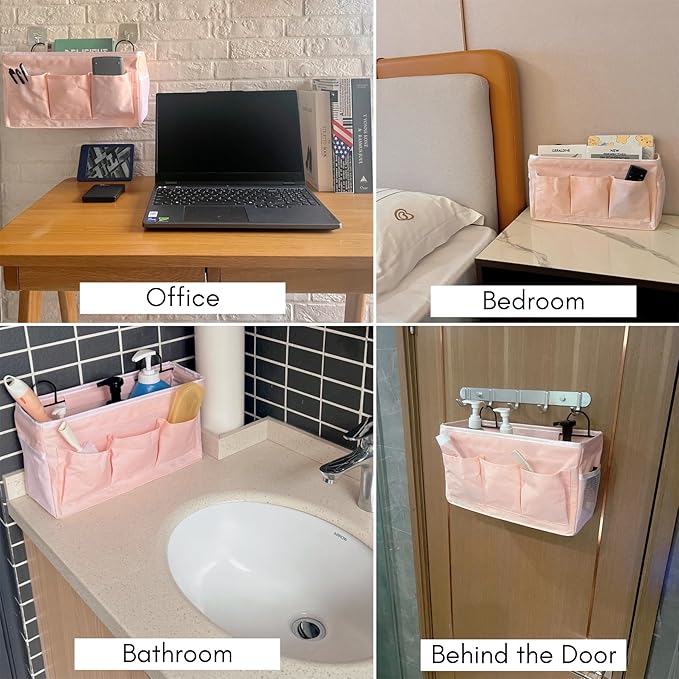 Kanrichu 2pcs Light-Style Wall Hanging Storage Bag, Linen Fabric Door Hanging Organizer Baskets with Pockets, Waterproof Bin for Bedroom, Kitchen, Office, RV Camper (Pink-2pcs)