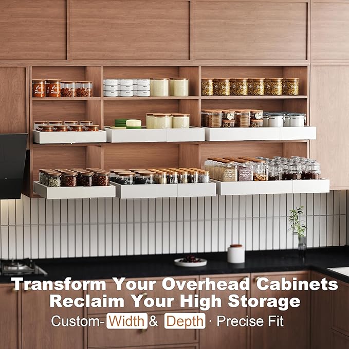 Pull out Cabinet Organizer,Width (18"-25") and Depth (10"-13") Expandable,No Drill Adjustable Slide out Drawers for Pantry,Adhesive Roll out Shelves Short,for upper cabinet,White