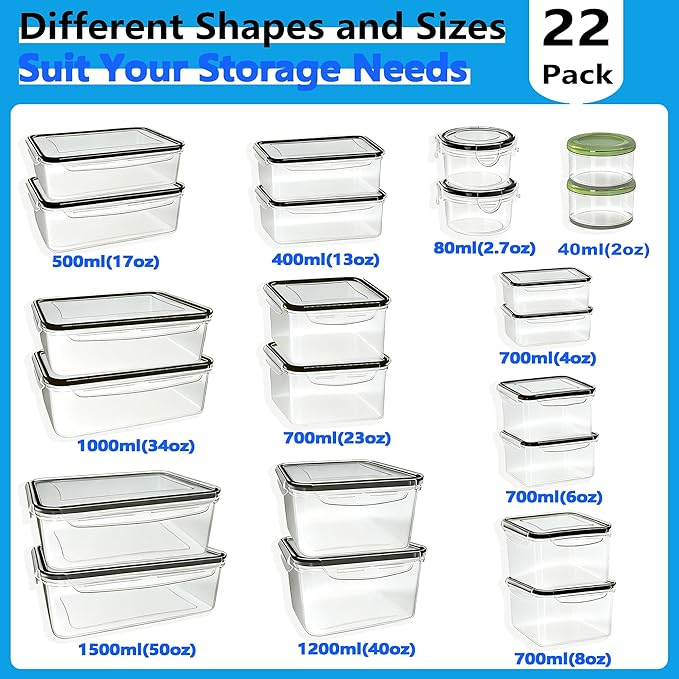 44-Piece Reusable Food Storage Containers with Lids Airtight, Leakproof Plastic Meal Prep Storage Food Grade Kitchen Organizer, Stackable Freezer Containers, Microwave & Dishwasher Safe