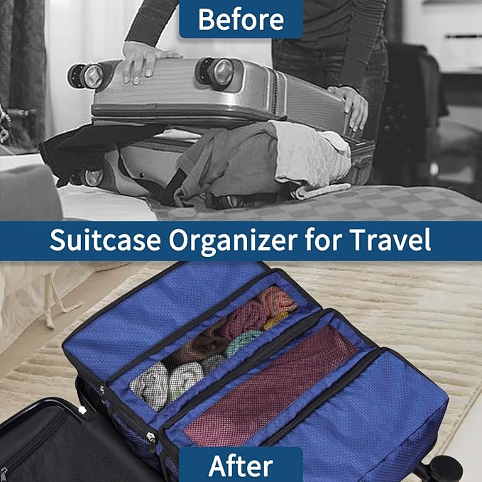 esouler Suitcase Organizer, Travel Luggage Organizer hanging packing cubes for travel，portable hanging travel shelves Collapsible closet organizer for Carry-on (Navy blue, Medium)