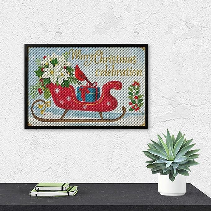 Diamond Painting Kits for Adults - Red Sleigh with Poinsettias, Cardinal Bird Merry Christmas Painting DIY 5D Full Drill Diamond Dots Paintings with Diamonds Gem Art And Crafts Home Decor 8"x12"