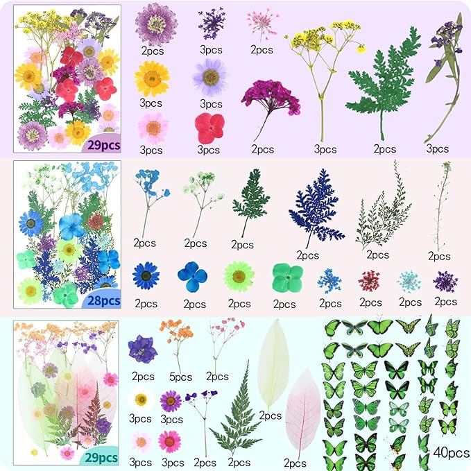210 Pcs Dried Pressed Flowers for Resin, Dried Pressed Flowers for Crafts, Bulk Natural Dried Flowers Kit with DlY Butterfly Stickers&Tweezers for Resin Molds, Candles, Soap,Jewelry Making, Art Crafts