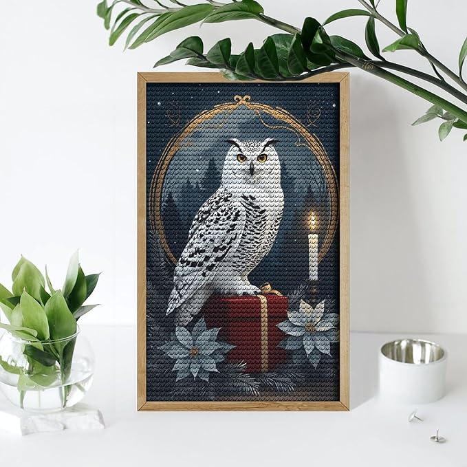 KIVJMSIDJA Snowy Owl & Candle Glow - Winter Night Scene Diamond Painting Kits for Adults,Diamond Art Kits for Beginners 5D Round Diamond 12"x20"