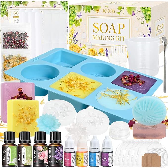 Jcoos DIY Soap Making Kit, Soap Making Kit for Adults Girls, Make Your Own Soap Making Supplies, Shea Butter Glycerin Base, Mold, Dried Flowers, Dye, DIY Scents Crafts, Valentine's Day Gifts
