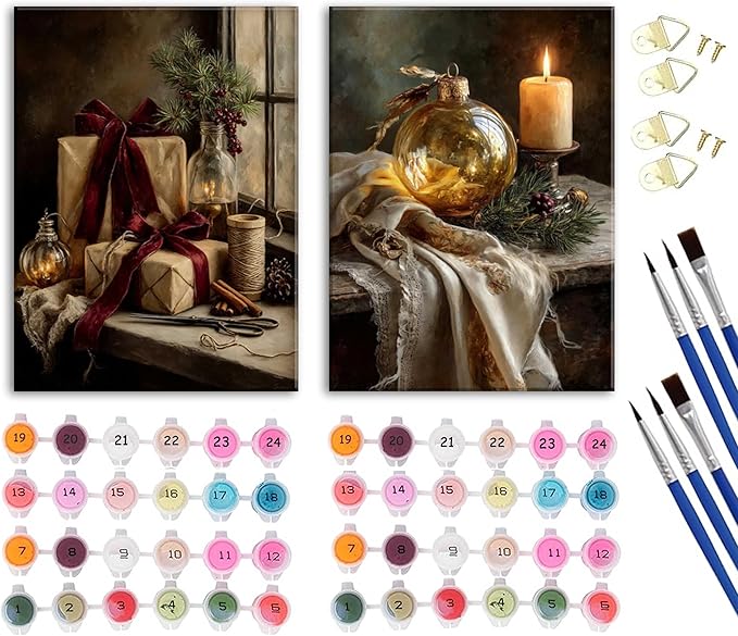 Paint by Number Kit for Adults & Kids, 2 Pack Christmas Still Life Scenes 16x20 Inch Framed, DIY Acrylic Painting Kit with Brushes & Paints, Festive Home Art Decor