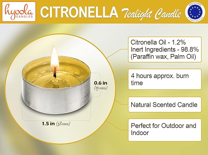 Hyoola Tealight Citronella Candles - Anti Mosquito Candle - 4 Hour Burn - 50 Pack - DEET Free
